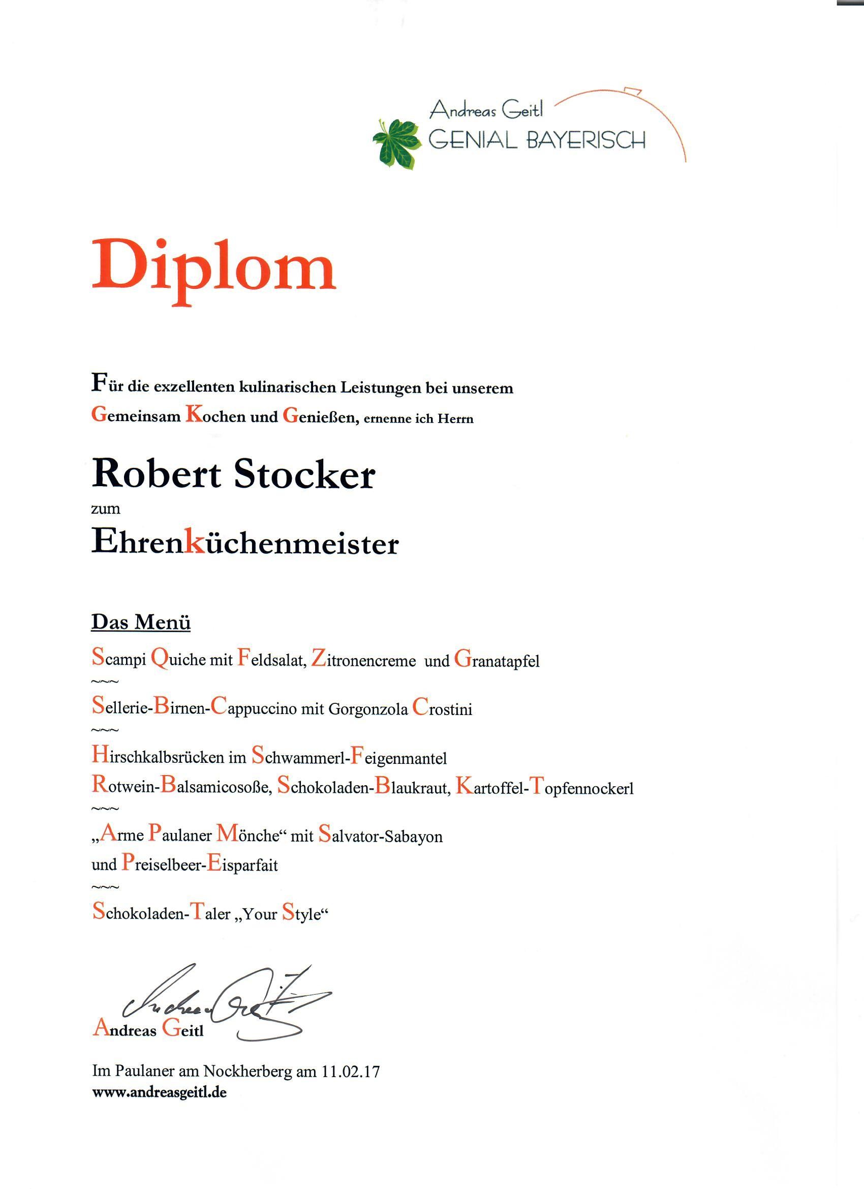 Diplom zum Ehrenküchenmeister Robert Stocker