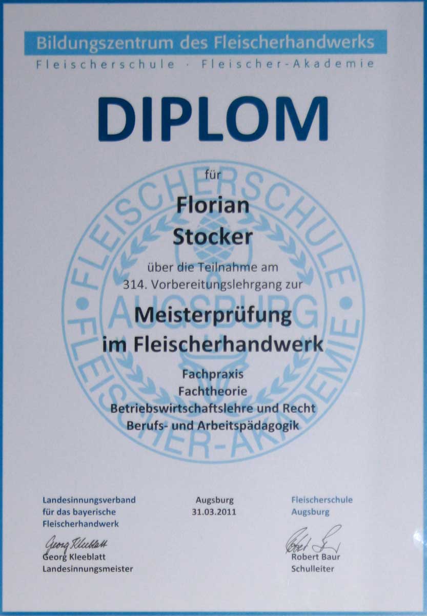 Florian Stocker Diplom zur bestandenen Meisterprüfung im Fleischerhandwerk