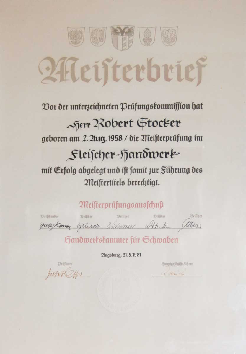 Fleischer-Handwerk Meisterbrief von Robert Stocker